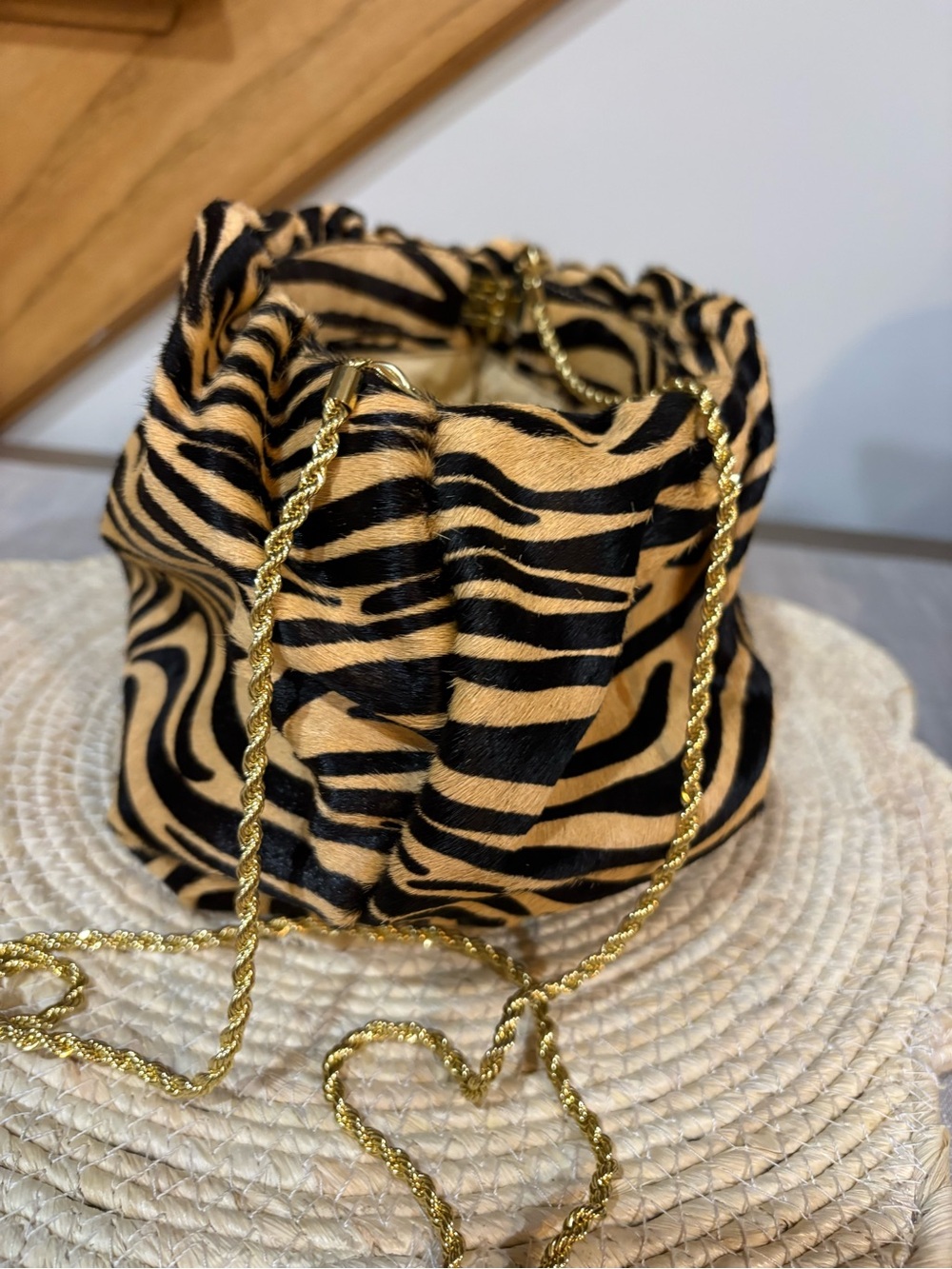 Zebra Print Drawstring Shoulder Bag with Gold Chain - Picture 8 of 10